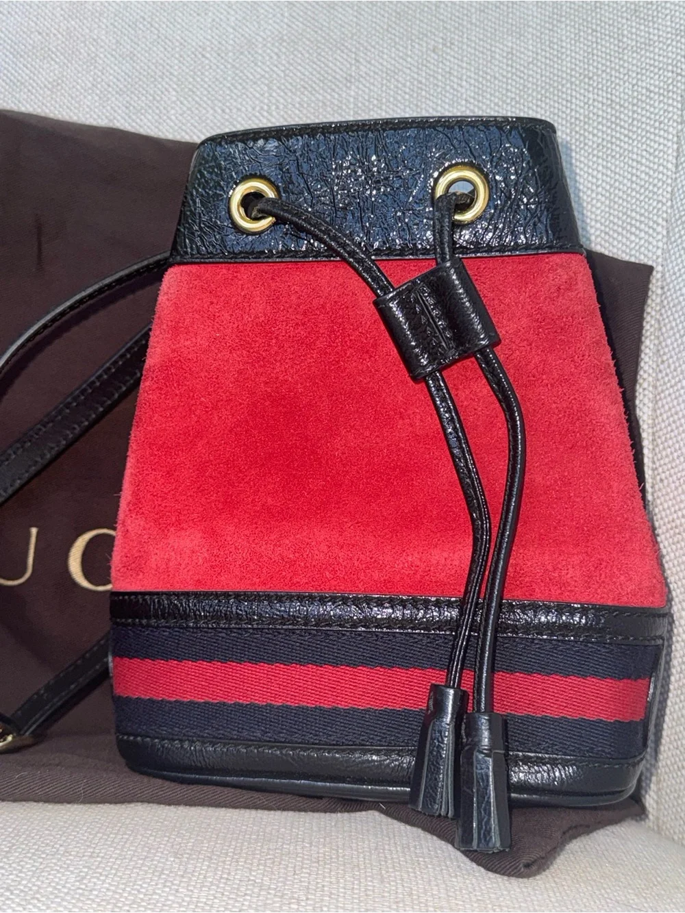 Gucci Ophidia Mini Red Suede and Black Accent Bucket Bag